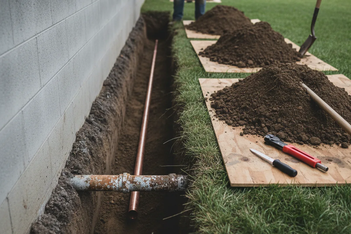Excavated water line trench during Water Heater Repair in Saul